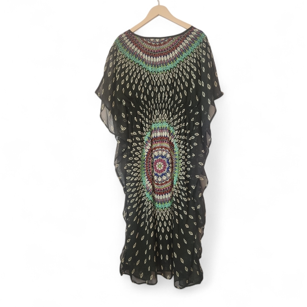 M.P.H Collection Bohemian Black Kaftan with Colorful Pattern, size PXL - Picture 2 of 11